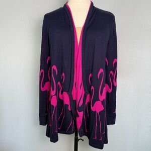 Crown & Ivy Flamingo Cardigan Sweater, Long, Navy Blue & Pink, Sz Large, Beachy